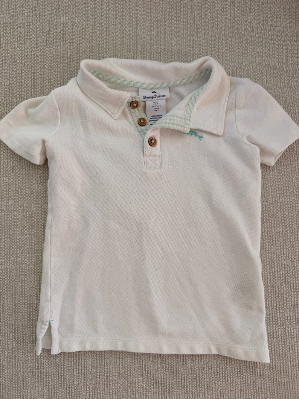 Tommy Bahama Boys' white Polo with Mint seersucker Trim 3T
